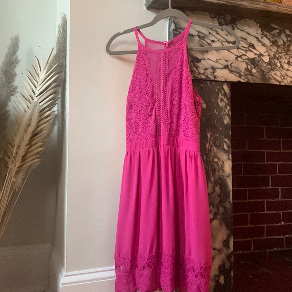 Francesca’s Pink lace/ mesh detail mini dress